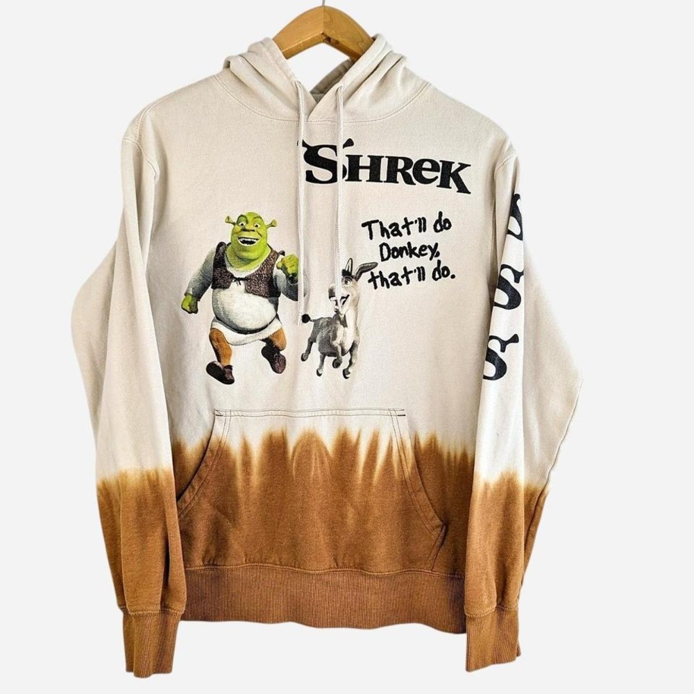 Shrek "That'll Do Donkey" Dip‎ Dye Hoodie Beige Brown Graphic Sweatshirt l Small - Picture 8 of 8